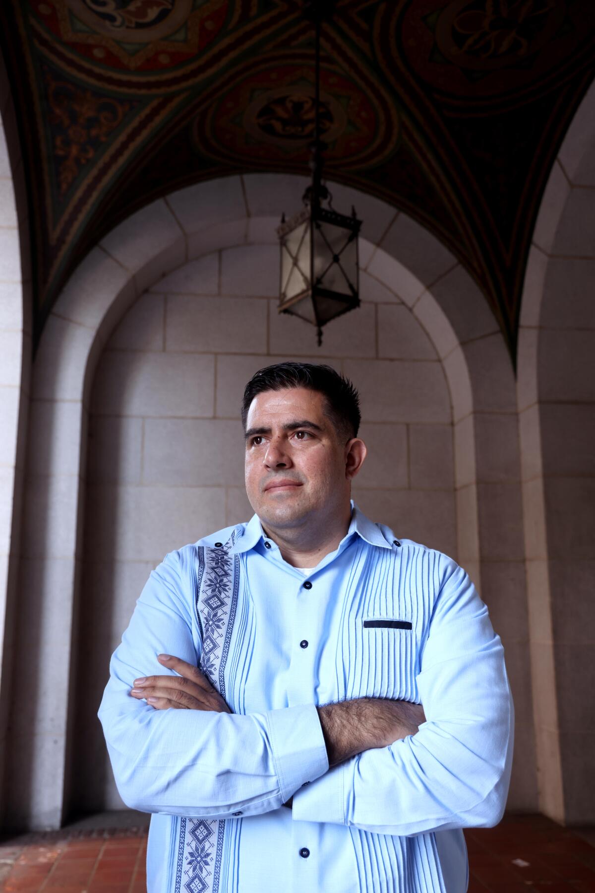 Jose Ugarte, who is running for Los Angeles City Council District 9, visits City Hall in downtown Los Angeles.