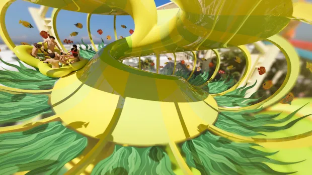 Concept art of the new Kelp Kraze family water slide coming to Knott's Soak City water park in 2027. (Courtesy of Knott's Berry Farm)
