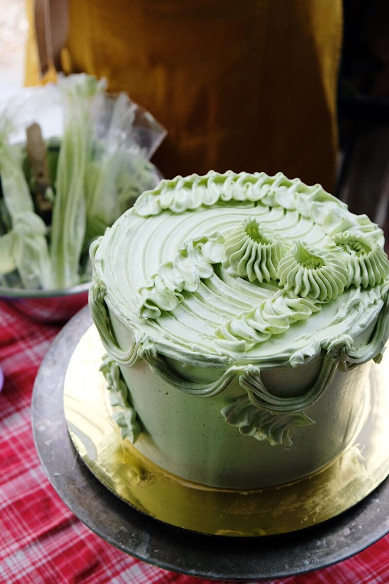 Rose Wilde's piping work on her olive oil cake with tomato leaf buttercream during a cake workshop.
