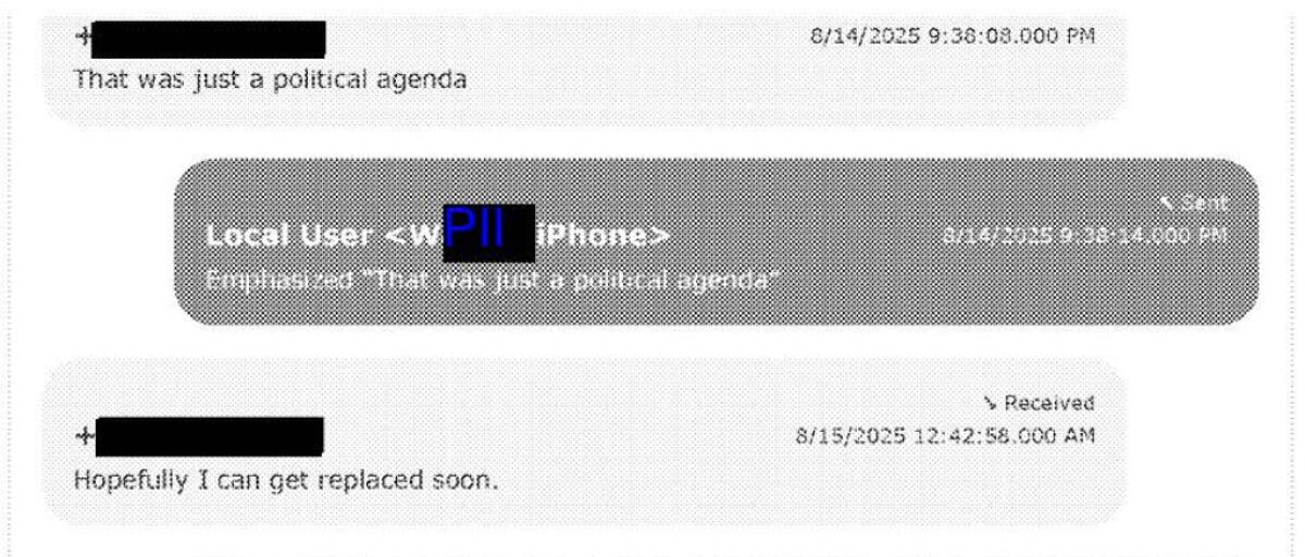 Two HSI agents exchange texts about the political agenda they perceived as being behind an immigration operation 