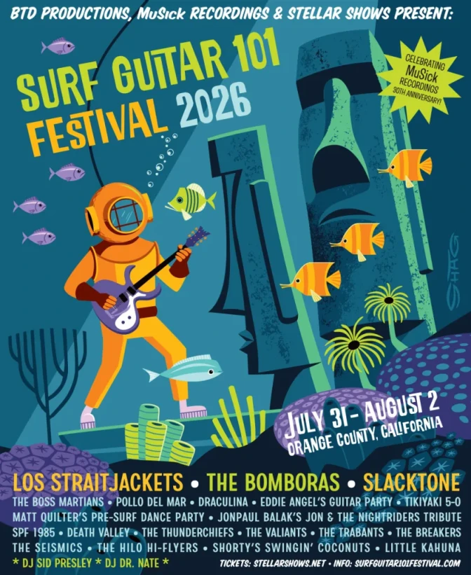 An aquatic-themed poster for Surf Guitar 101 Festival 2020 featuring an animated scuba diver playing guitar and a list of bands. 