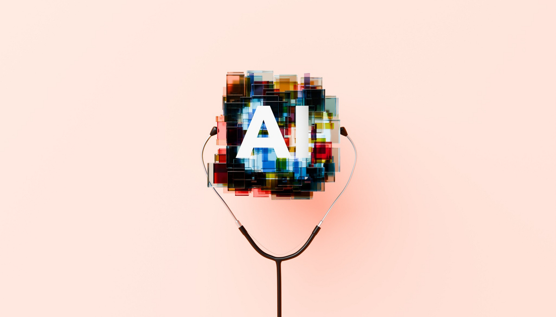 A stethoscope surrounds a colorful, pixelated 3D block with the white letters "AI" against a soft pink background.