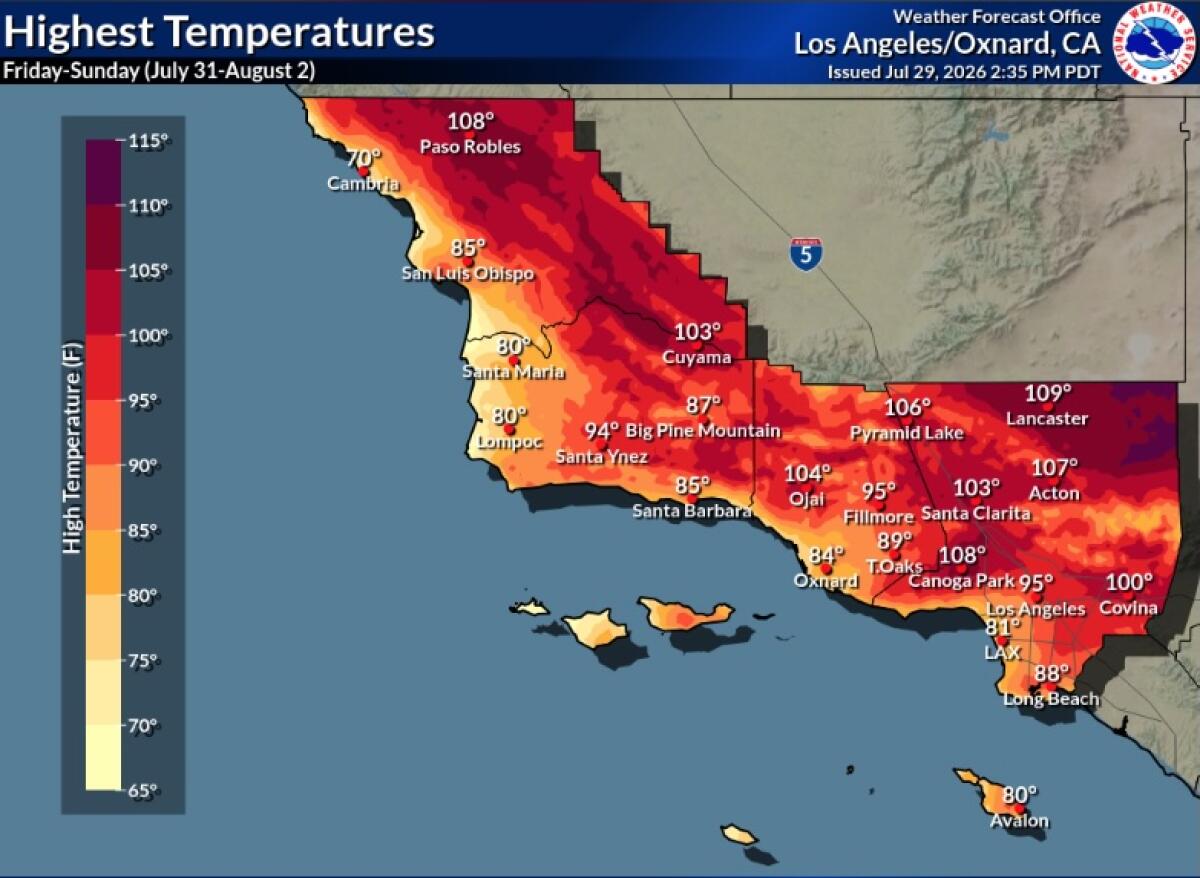 A map shows high temperatures from Paso Robles to Long Beach July 31-Aug. 2.