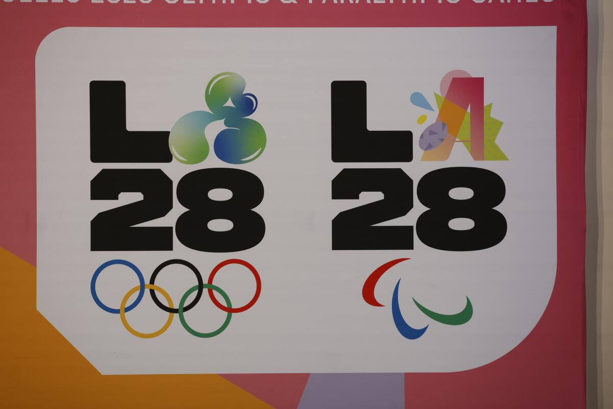 Graphics on display at the IOC coordination commission, officials who monitor L.A. 2028 Olympic preparations.