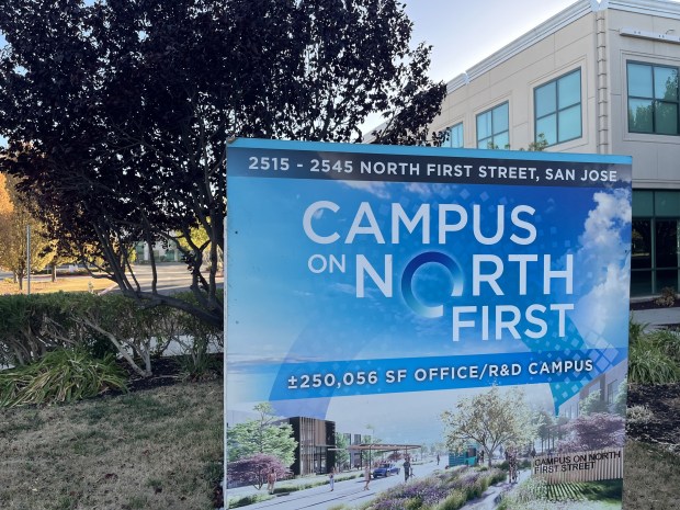 Leasing sign next to a four-building office and research campus with addresses of 2515, 2525, 2535 and 2545 North First Street in north San Jose, seen on July 29, 2026.(George Avalos/Bay Area News Group)
