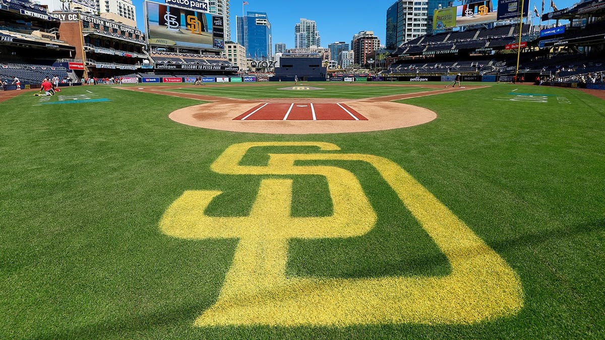 San Diego Padres logo displayed on the field at PETCO Park.