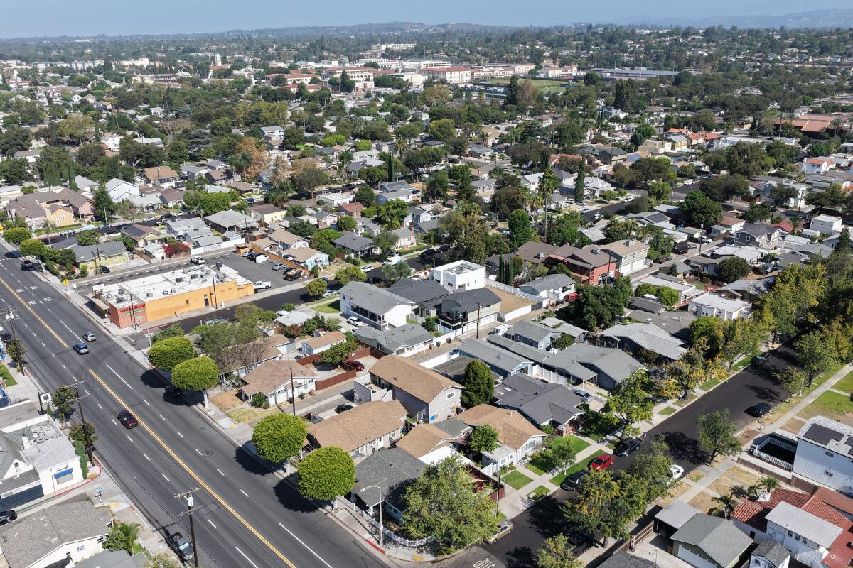 An aerial view of homes near downtown Fullerton