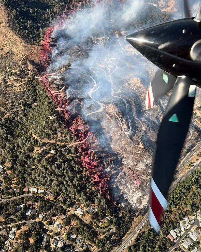 An aerial view of the Dove Fire in Tuolumne County on July 26, 2026.