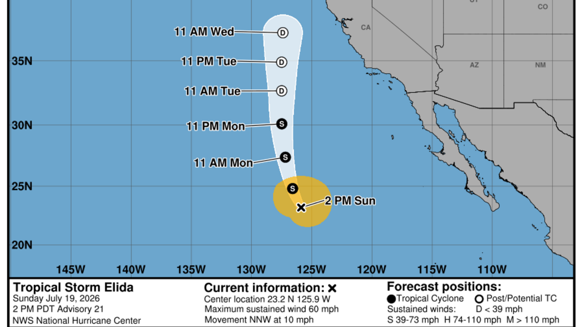 National Hurricane Center advisory for Tropical Storm Elida issued on Sunday, July 19. National Hurricane Center advisory for Tropical Storm Elida issued on Sunday, July 19.