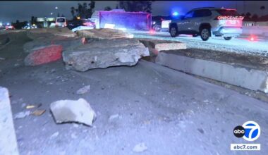 Semi-truck carrying large chunks of concrete overturns, shutting down 10 Freeway transition road