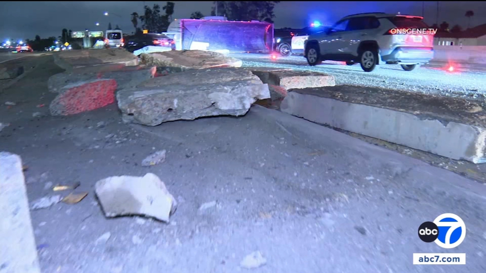 Semi-truck carrying large chunks of concrete overturns, shutting down 10 Freeway transition road
