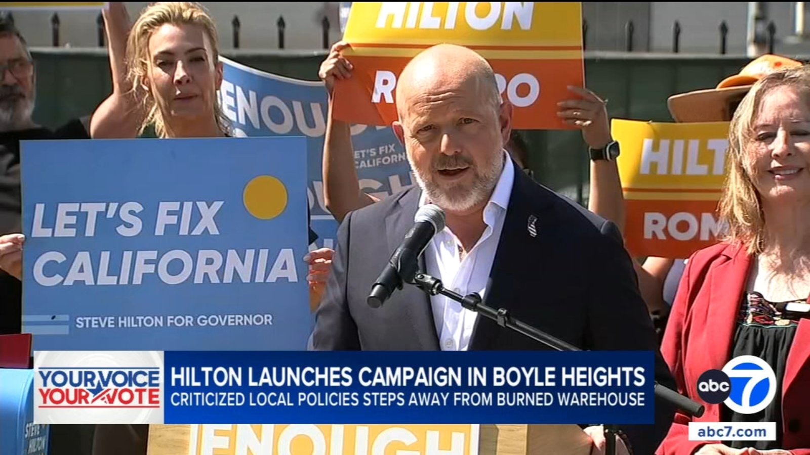Steve Hilton takes California governor campaign to Boyle Heights, criticizes response to warehouse fire cleanup