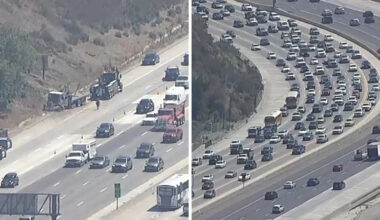 Los Angeles traffic: Big rig blows tire on northbound 405 Freeway, snarls traffic along Sepulveda Pass