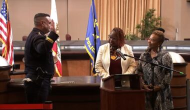 Oakland Mayor Barbara Lee swears in 29-year department vet James Beere as city's new official police chief at City Hall