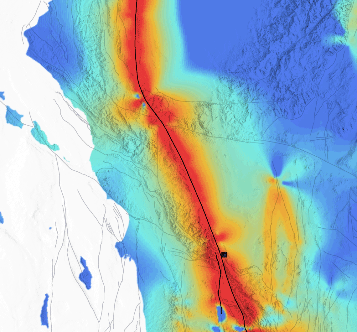 Map of the Southern California region showing tectonic stress levels along the San Andreas and San Jacinto faults