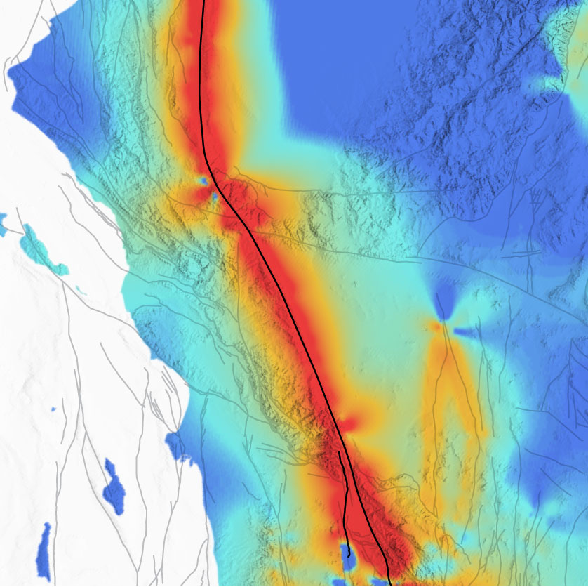 Map of the Southern California region showing tectonic stress levels along the San Andreas and San Jacinto faults