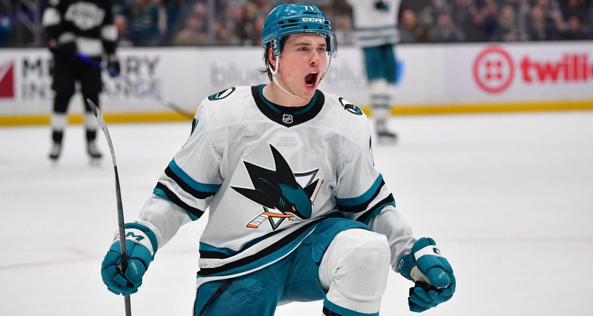 Jan 7, 2026; Los Angeles, California, USA; San Jose Sharks center Macklin Celebrini (71) celebrates his goal scored against the Los Angeles Kings during the third period at Crypto.com Arena