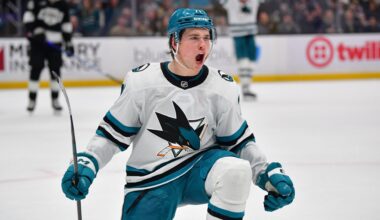 Jan 7, 2026; Los Angeles, California, USA; San Jose Sharks center Macklin Celebrini (71) celebrates his goal scored against the Los Angeles Kings during the third period at Crypto.com Arena