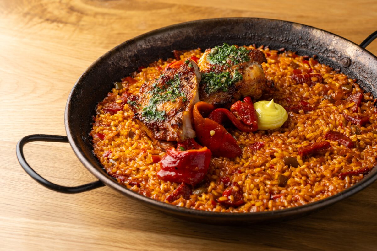 Paella with chicken and chorizo