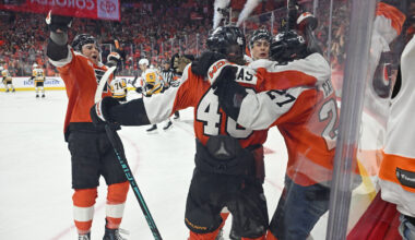 Apr 22, 2026; Philadelphia, Pennsylvania, USA; Philadelphia Flyers left wing Noah Cates (27) celebrates his goal with right wing Tyson Foerster (71), center Trevor Zegras (46) and right wing Porter Martone (94) against the Pittsburgh Penguins during the third period in game three of the first round of the 2026 Stanley Cup Playoffs at Xfinity Mobile Arena.