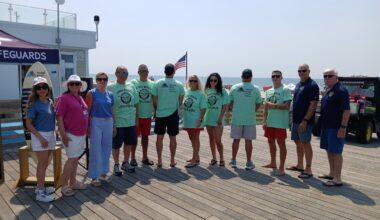 Members of the Long Beach lifeguards displayed this year&rsquo;s shirt, sponsored by Mount Sinai South Nassau.