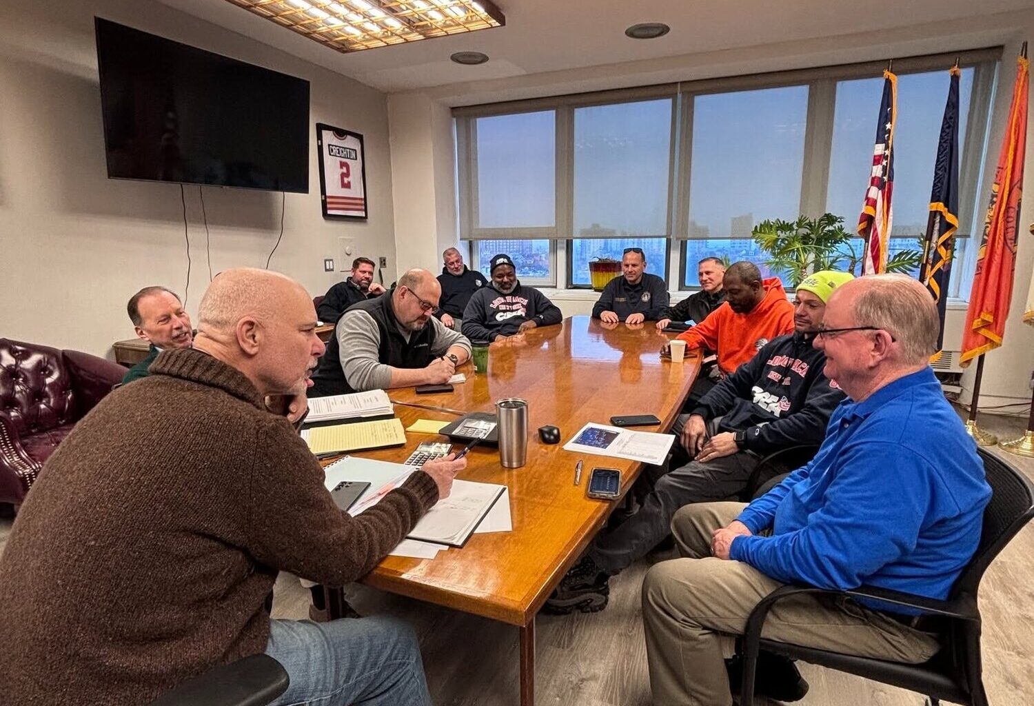 As city manager, Daniel Creighton, left front, has regularly attended emergency planning sessions, including during February&rsquo;s blizzard.