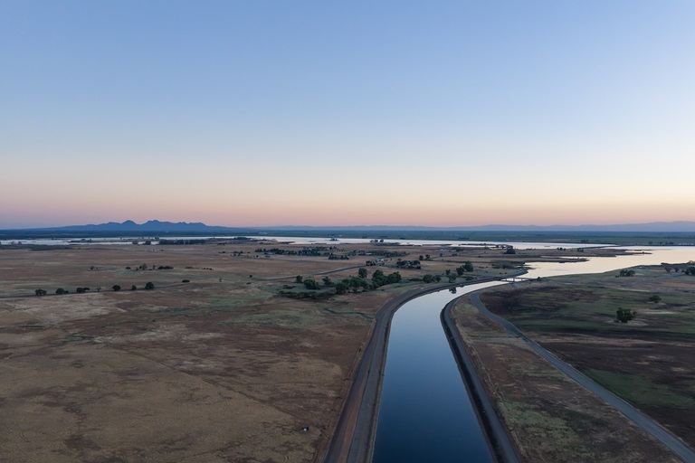 A drone view of The Ronald B. Robie Thermalito Pumping-Generating plant produces electricity by transferring water from the Thermalito Forebay to the Thermalito Afterbay through four generating units. This State Water Project facility is located in Butte County downstream from Oroville Dam.