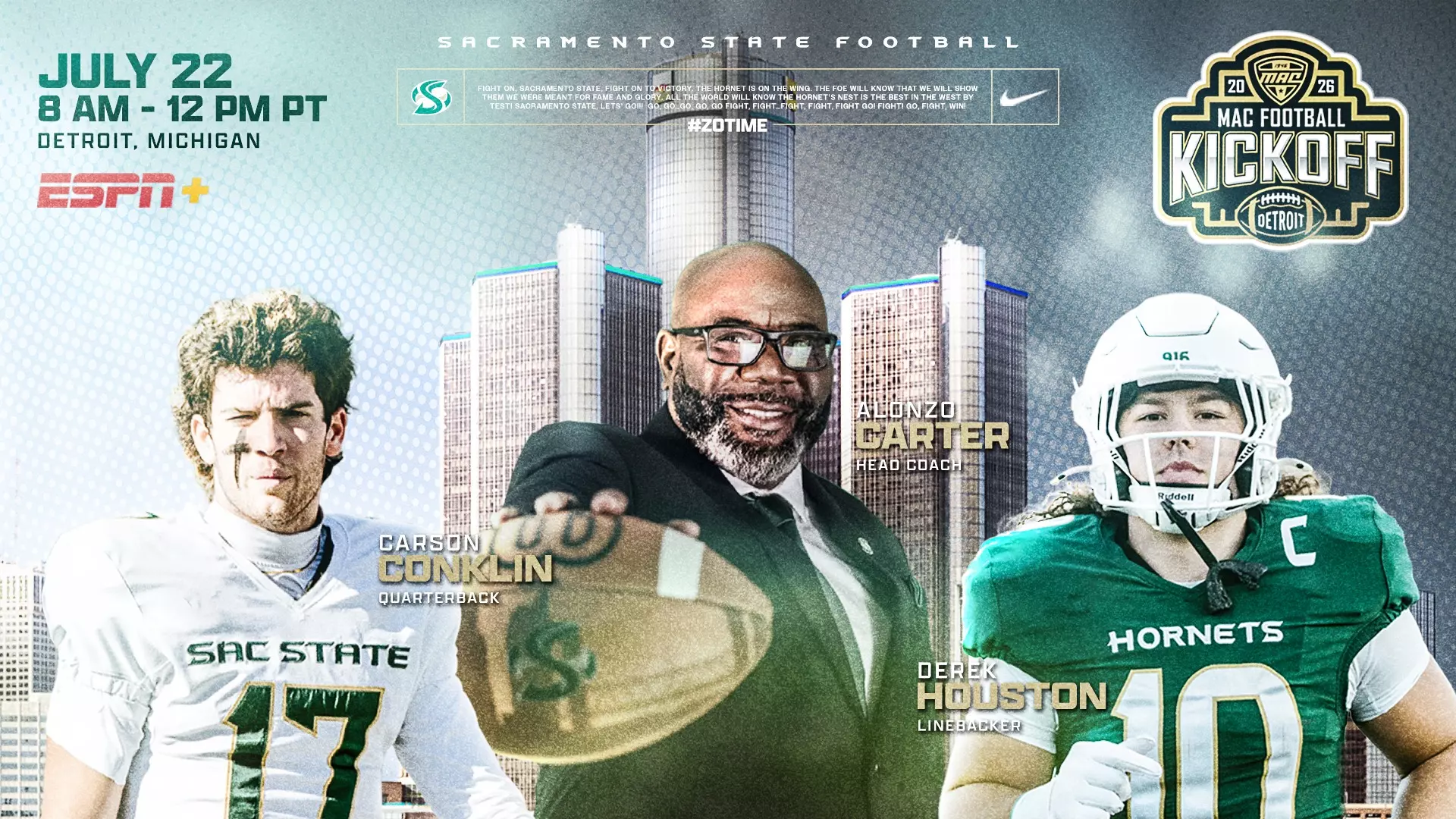 Image with the MAC Football Kickoff logo and photos of Alonzo Carter, Carson Conklin and Derek Houston
