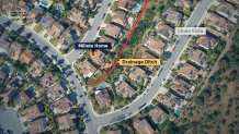 This map illustration, created by NBC 7, shows where a drainage ditch connects to a hiking trial near the former home of Larry & Maya Millete.
