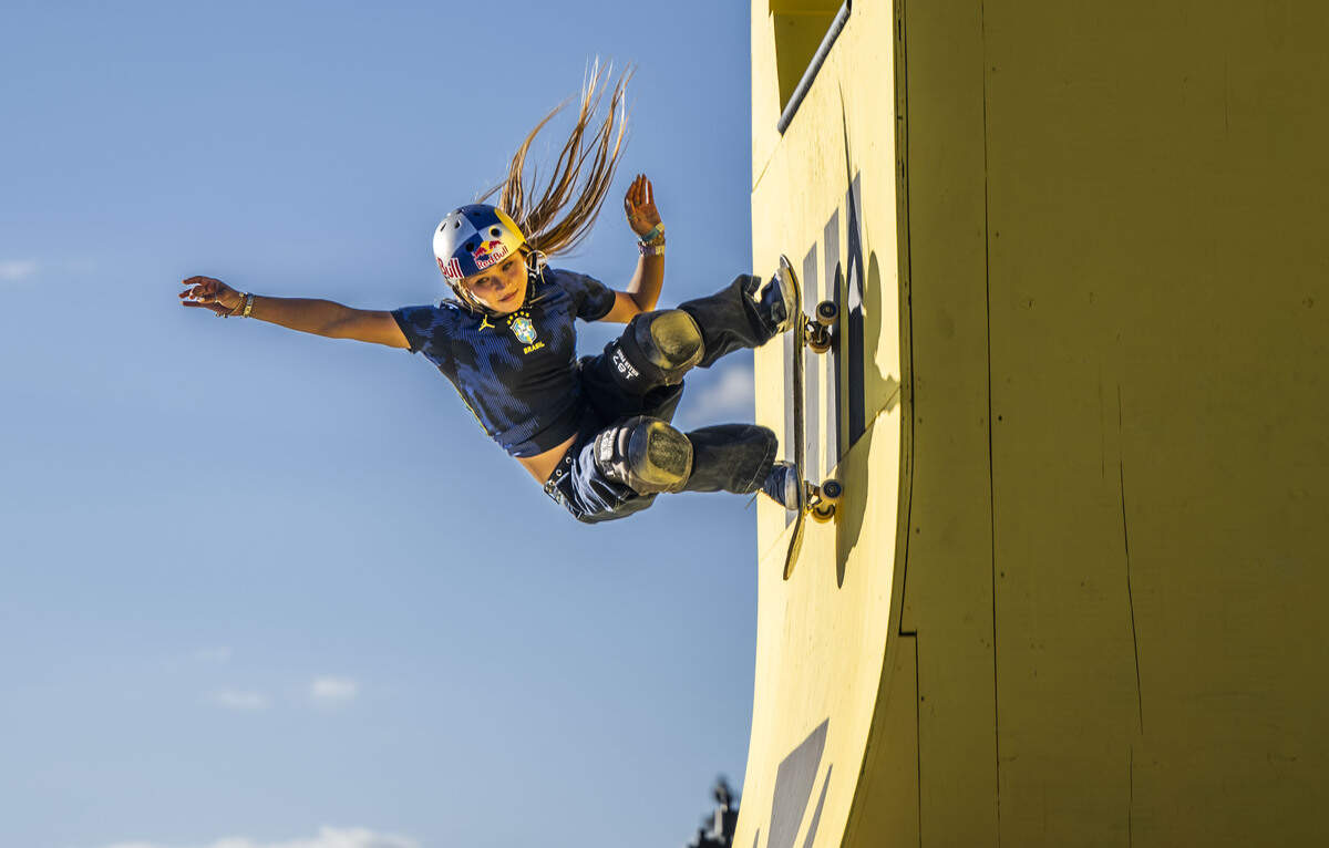 Sky Brown, an Olympic medalist, rides on a Tower Bridge ramp as she competes in the Women Skateboard Park during the MoonPay X Games on June 26.