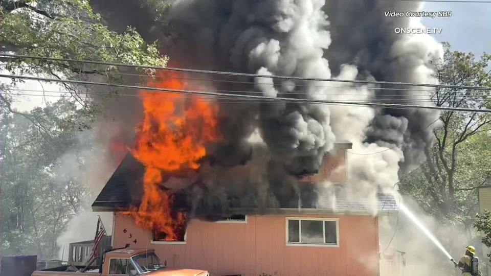 A 46-year-old man was arrested for allegedly burning down his family’s home in Crestline, San Bernardino County after an argument with his brother on July 4, 2026. (OnScene.TV)