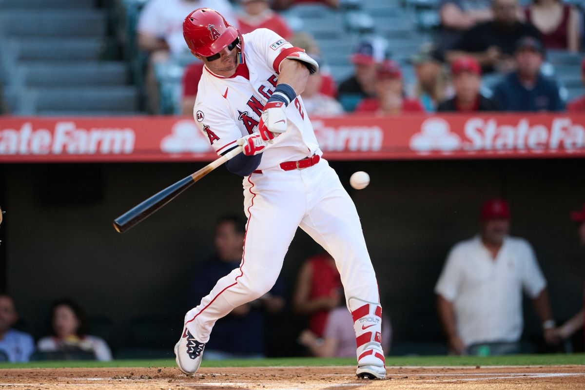 The Los Angeles Angels Mike Trout #27 bats during an MLB game against The Athletics on May 21st, 2026 at Angels Stadium in Anaheim, California. The Los Angeles Angels Mike Trout #27 bats during an MLB game against The Athletics on May 21st, 2026 at Angels Stadium in Anaheim, California.
