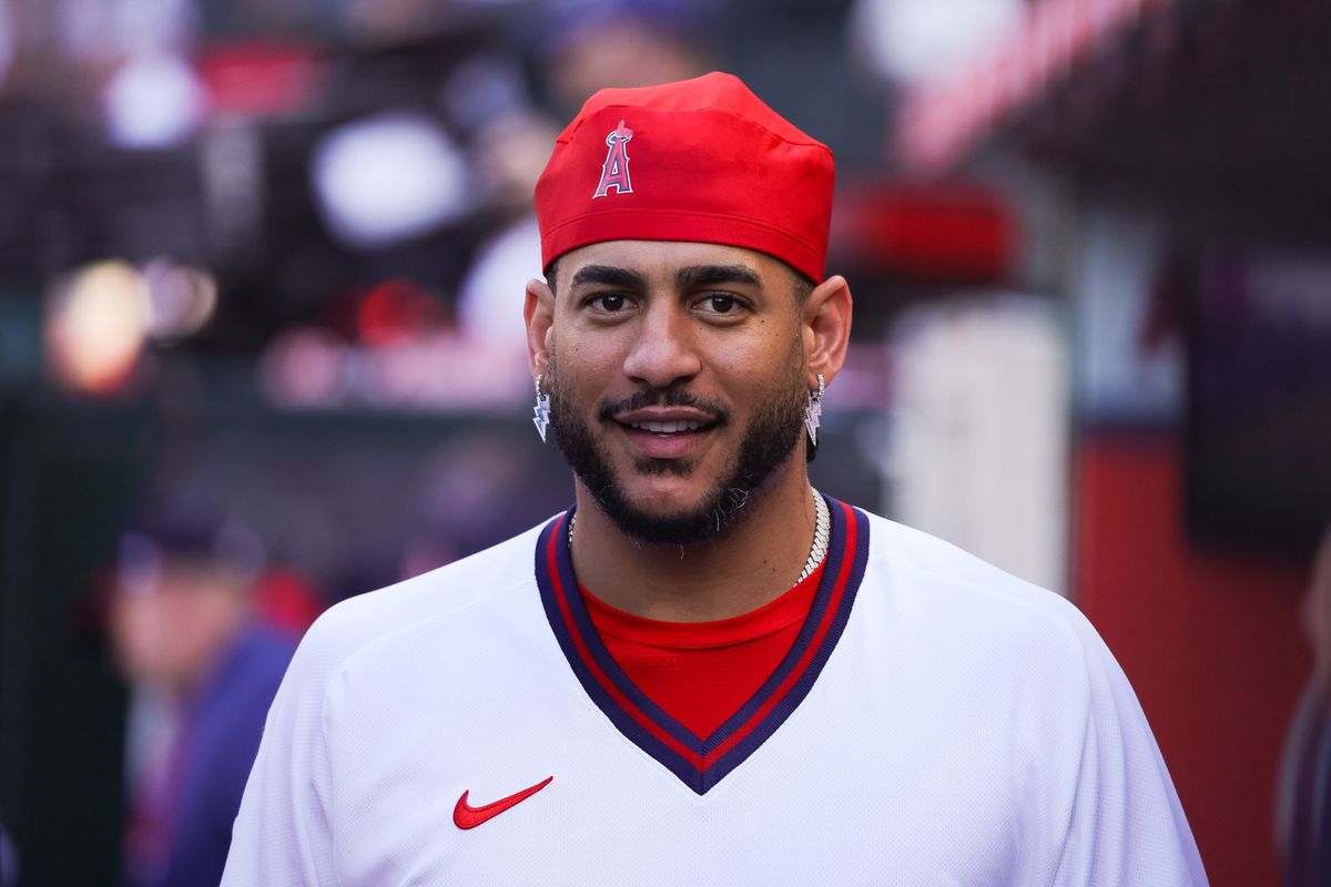 Los Angeles Angels outfielder Jose Siri (28) in the dugout during the MLB game against the Detroit Tigers Friday July 17th, 2026 at Angel Stadium in Anaheim, Calif.