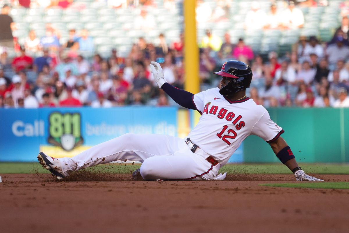 Los Angeles Angels designated hitter Jorge Soler (12) slides to second base during the MLB game against the Detroit Tigers Friday July 17th, 2026 at Angel Stadium in Anaheim, Calif.