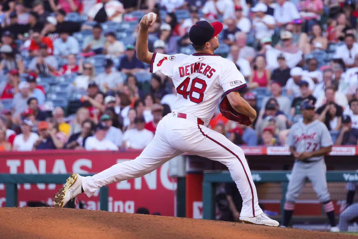 Los Angeles Angels left-handed pitcher Reid Detmers (48) pitches during the MLB game against the Detroit Tigers Friday July 17th, 2026 at Angel Stadium in Anaheim, Calif.