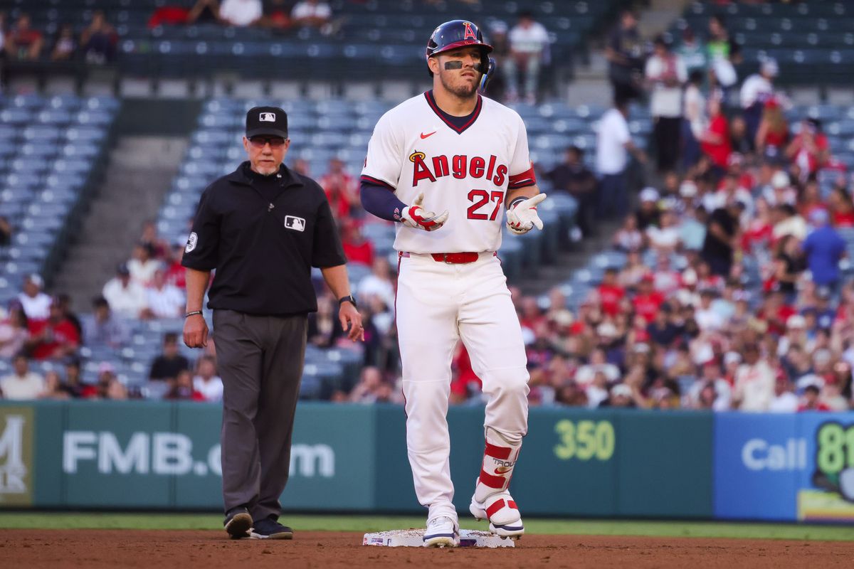 Los Angeles Angels outfielder Mike Trout (27) celebrates during the MLB game against the Detroit Tigers Friday July 17th, 2026 at Angel Stadium in Anaheim, Calif.