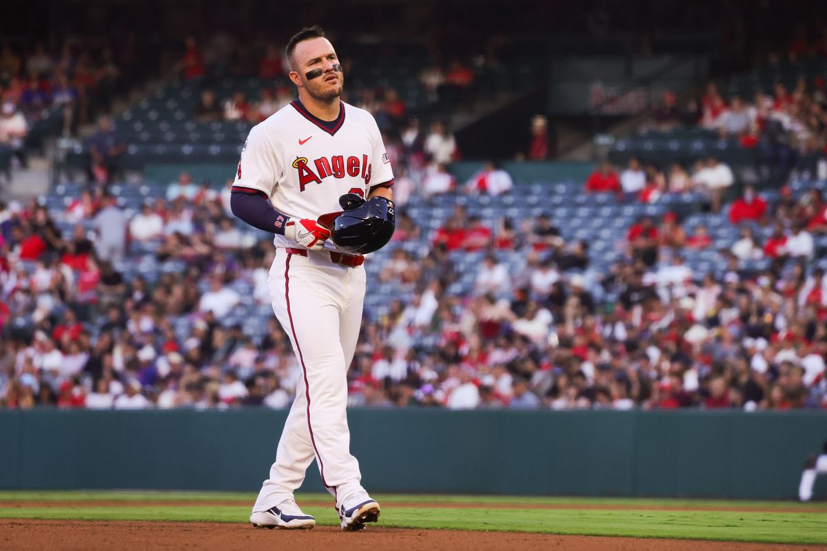 Los Angeles Angels outfielder Mike Trout (27) walks to the dugout during the MLB game against the Detroit Tigers Friday July 17th, 2026 at Angel Stadium in Anaheim, Calif.
