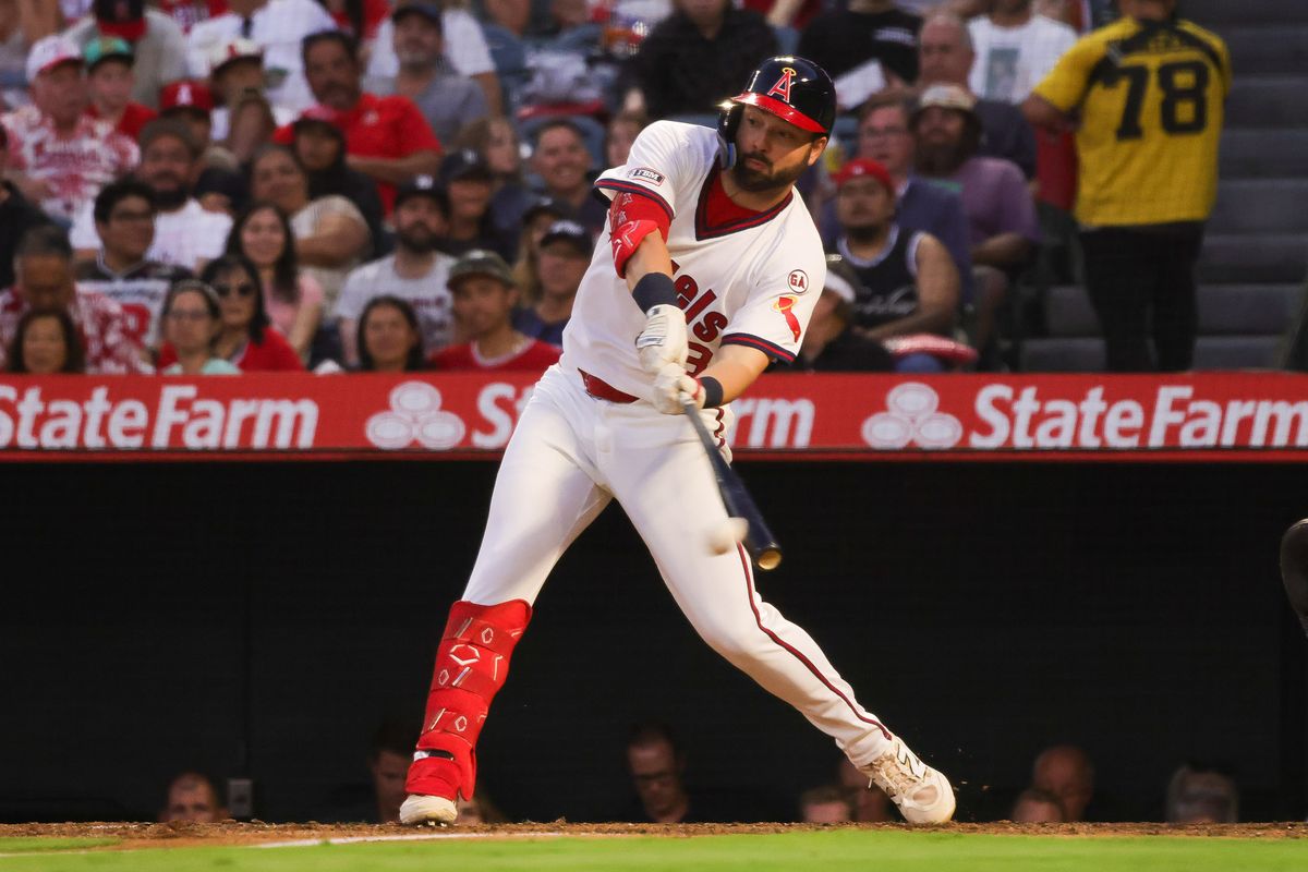 Los Angeles Angels infielder Nolan Schanuel (18) hits the ball during the MLB game against the Detroit Tigers Friday July 17th, 2026 at Angel Stadium in Anaheim, Calif.