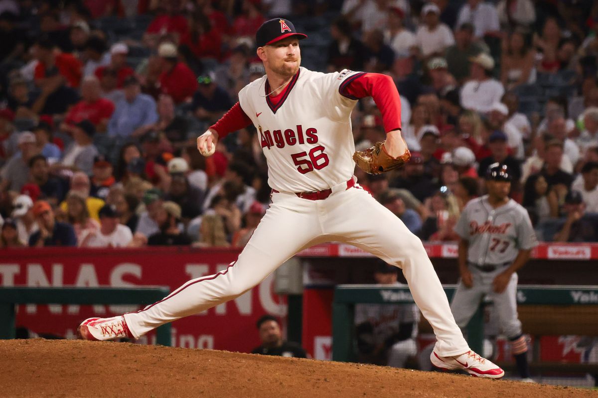 Los Angeles Angels right-handed pitcher Ryan Zeferjahn  (56) pitches during the MLB game against the Detroit Tigers Friday July 17th, 2026 at Angel Stadium in Anaheim, Calif.