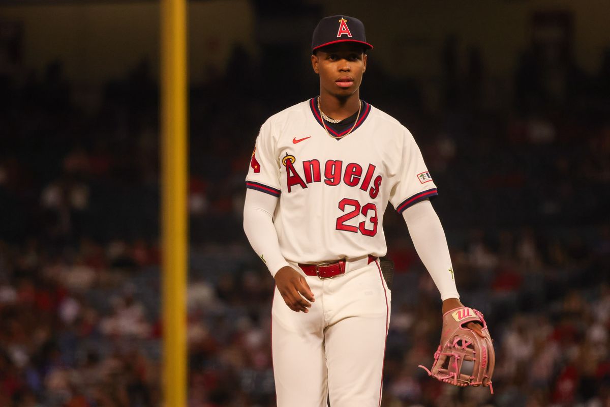 Los Angeles Angels infielder Denzer Guzman (23) walks during the MLB game against the Detroit Tigers Friday July 17th, 2026 at Angel Stadium in Anaheim, Calif.