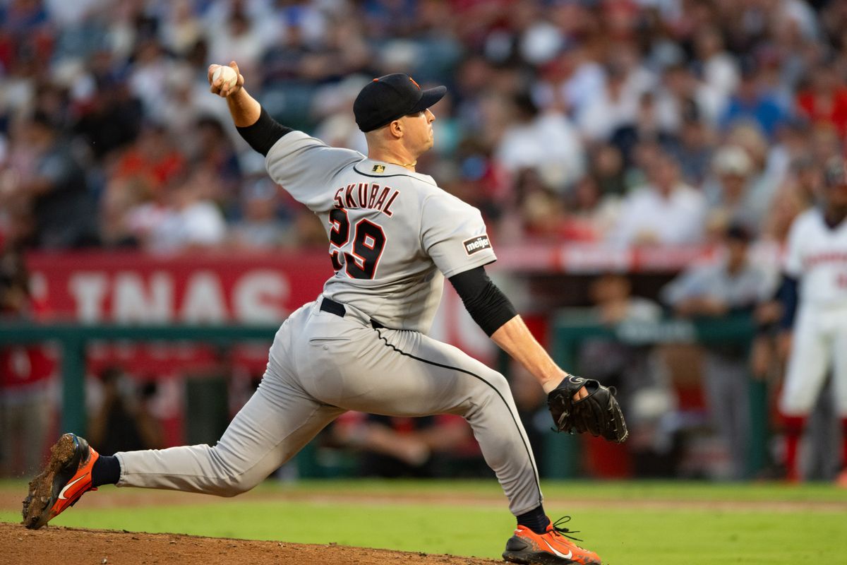 Detroit Tigers left-hand pitcher Tarik Skubal (29) throws a pitch during an MLB game between the Detroit Tigers and the Los Angeles Angels on Saturday, July 18, 2026 at Angels Stadium in Anaheim Calif Detroit Tigers left-hand pitcher Tarik Skubal (29) throws a pitch during an MLB game between the Detroit Tigers and the Los Angeles Angels on Saturday, July 18, 2026 at Angels Stadium in Anaheim Calif