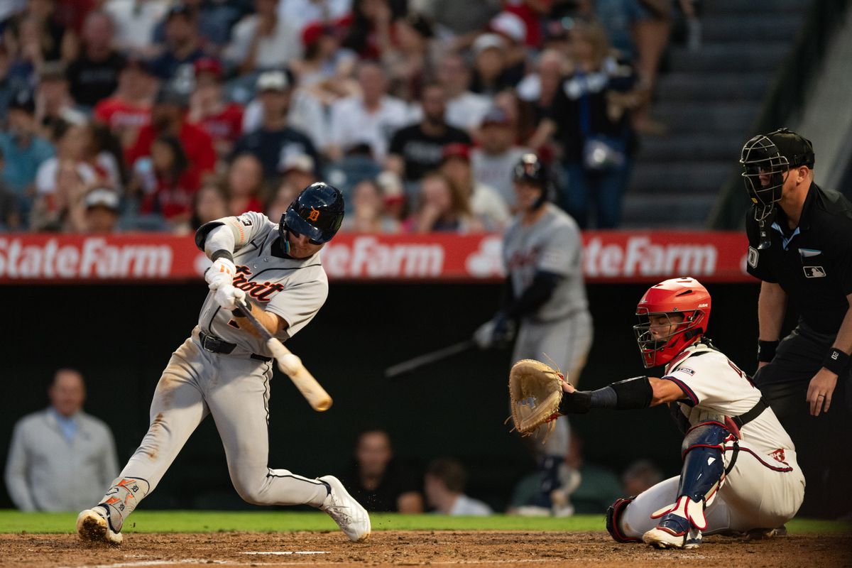 Detroit Tigers infielder Kevin McGonigle (7) swings and makes contact during an MLB game between the Detroit Tigers and the Los Angeles Angels on Saturday, July 18, 2026 at Angels Stadium in Anaheim Calif Detroit Tigers infielder Kevin McGonigle (7) swings and makes contact during an MLB game between the Detroit Tigers and the Los Angeles Angels on Saturday, July 18, 2026 at Angels Stadium in Anaheim Calif