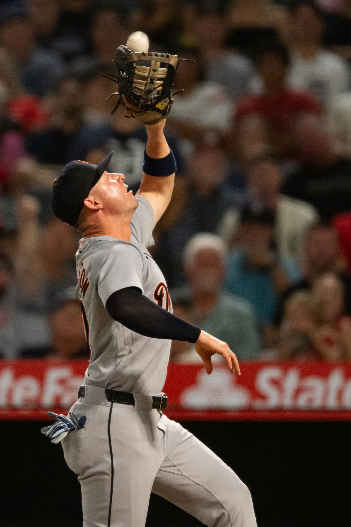 Detroit Tigers infielder Spencer Torkelson (20) makes a catch for an out during an MLB game between the Detroit Tigers and the Los Angeles Angels on Saturday, July 18, 2026 at Angels Stadium in Anaheim Calif Detroit Tigers infielder Spencer Torkelson (20) makes a catch for an out during an MLB game between the Detroit Tigers and the Los Angeles Angels on Saturday, July 18, 2026 at Angels Stadium in Anaheim Calif