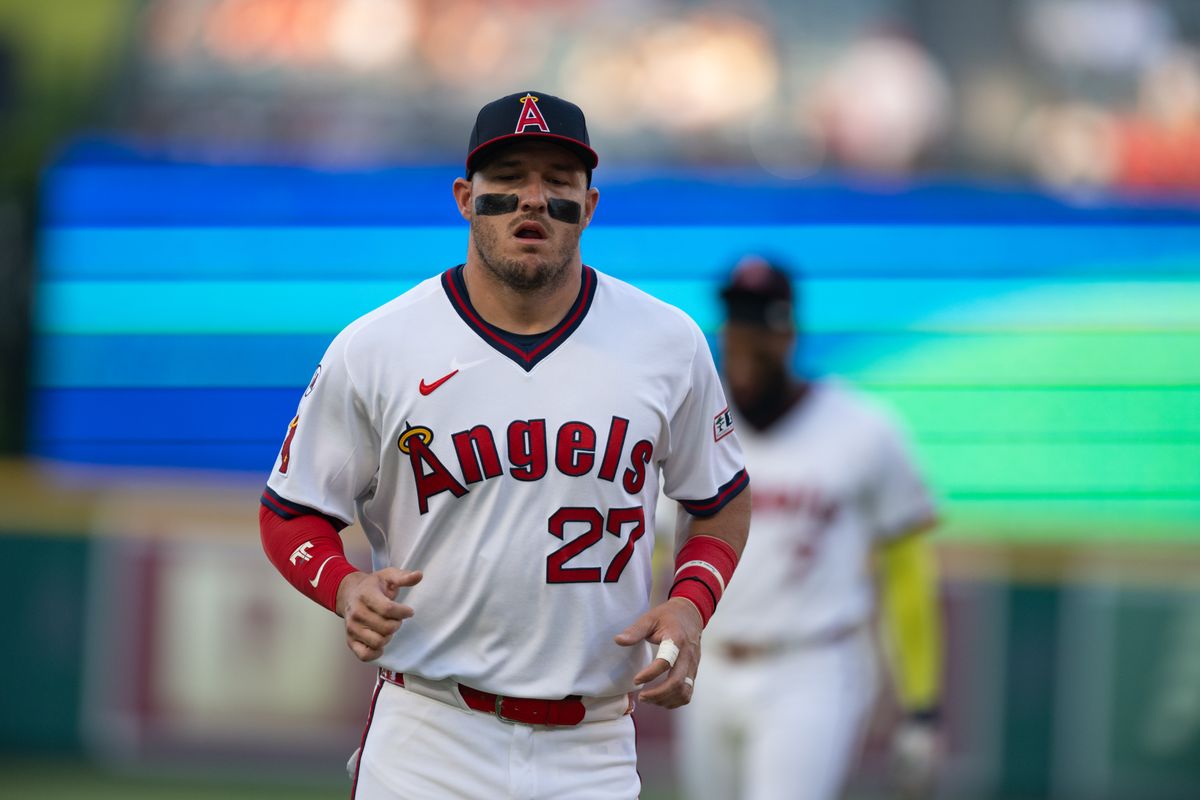 LA Angels center outfielder Mike Trout (27) runs to the dugout after warm-ups before an MLB game between the Detroit Tigers and the Los Angeles Angels on Saturday, July 18, 2026 at Angels Stadium in Anaheim Calif LA Angels center outfielder Mike Trout (27) runs to the dugout after warm-ups before an MLB game between the Detroit Tigers and the Los Angeles Angels on Saturday, July 18, 2026 at Angels Stadium in Anaheim Calif