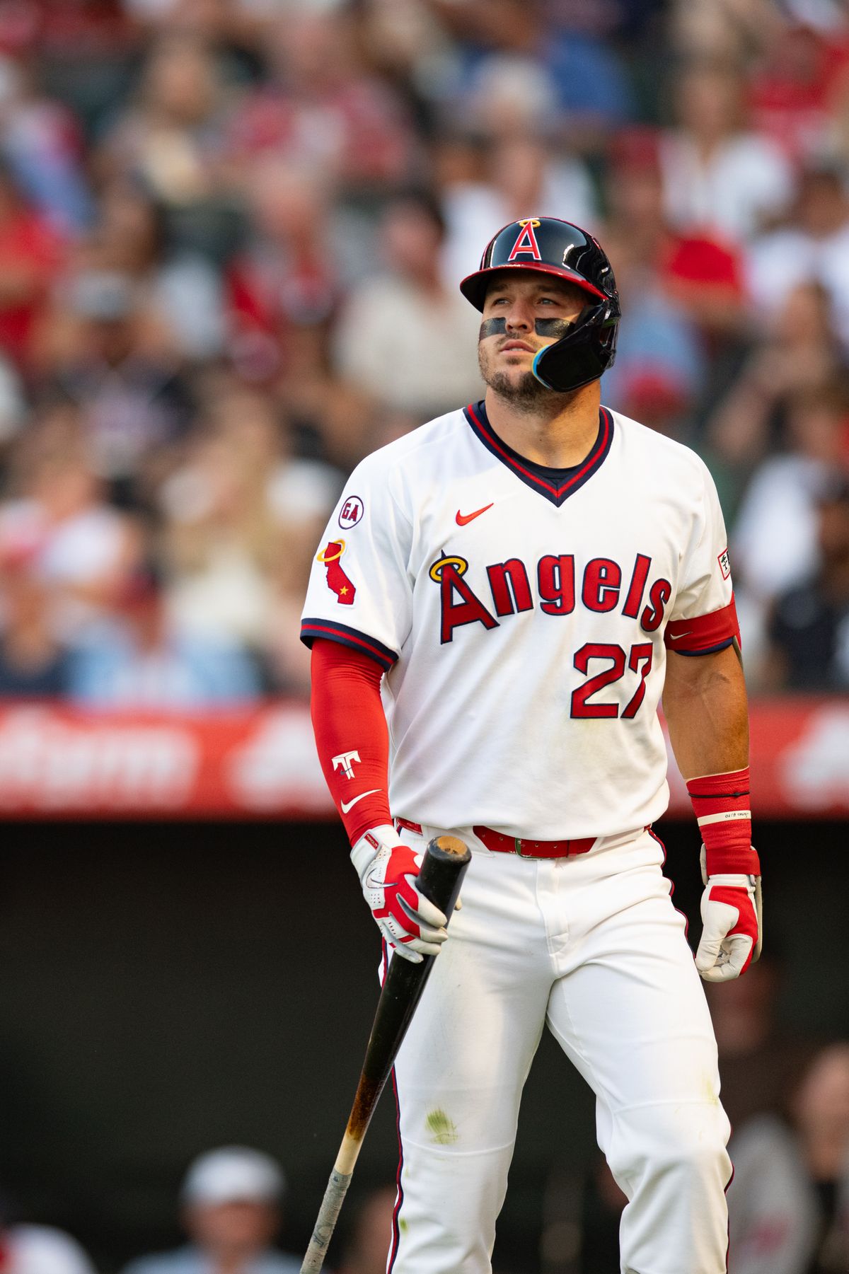 LA Angels center outfielder Mike Trout (27) walks back to the dugout after striking out during an MLB game between the Detroit Tigers and the Los Angeles Angels on Saturday, July 18, 2026 at Angels Stadium in Anaheim Calif LA Angels center outfielder Mike Trout (27) walks back to the dugout after striking out during an MLB game between the Detroit Tigers and the Los Angeles Angels on Saturday, July 18, 2026 at Angels Stadium in Anaheim Calif
