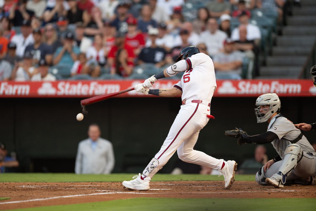 LA Angels second baseman Vaughn Grissom (5) hits a foul ball during an MLB game between the Detroit Tigers and the Los Angeles Angels on Saturday, July 18, 2026 at Angels Stadium in Anaheim Calif LA Angels second baseman Vaughn Grissom (5) hits a foul ball during an MLB game between the Detroit Tigers and the Los Angeles Angels on Saturday, July 18, 2026 at Angels Stadium in Anaheim Calif