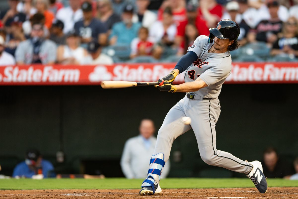 Detroit Tigers outfJames Outman (43) swings and makes contact during an MLB game between the Detroit Tigers and the Los Angeles Angels on Saturday, July 18, 2026 at Angels Stadium in Anaheim Calif Detroit Tigers outfJames Outman (43) swings and makes contact during an MLB game between the Detroit Tigers and the Los Angeles Angels on Saturday, July 18, 2026 at Angels Stadium in Anaheim Calif