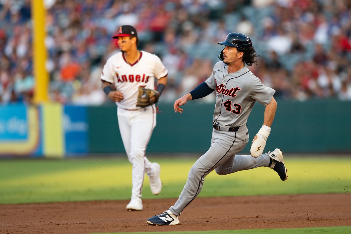 Detroit Tigers outfielder James Outman (43) runs to second base during an MLB game between the Detroit Tigers and the Los Angeles Angels on Saturday, July 18, 2026 at Angels Stadium in Anaheim Calif Detroit Tigers outfielder James Outman (43) runs to second base during an MLB game between the Detroit Tigers and the Los Angeles Angels on Saturday, July 18, 2026 at Angels Stadium in Anaheim Calif