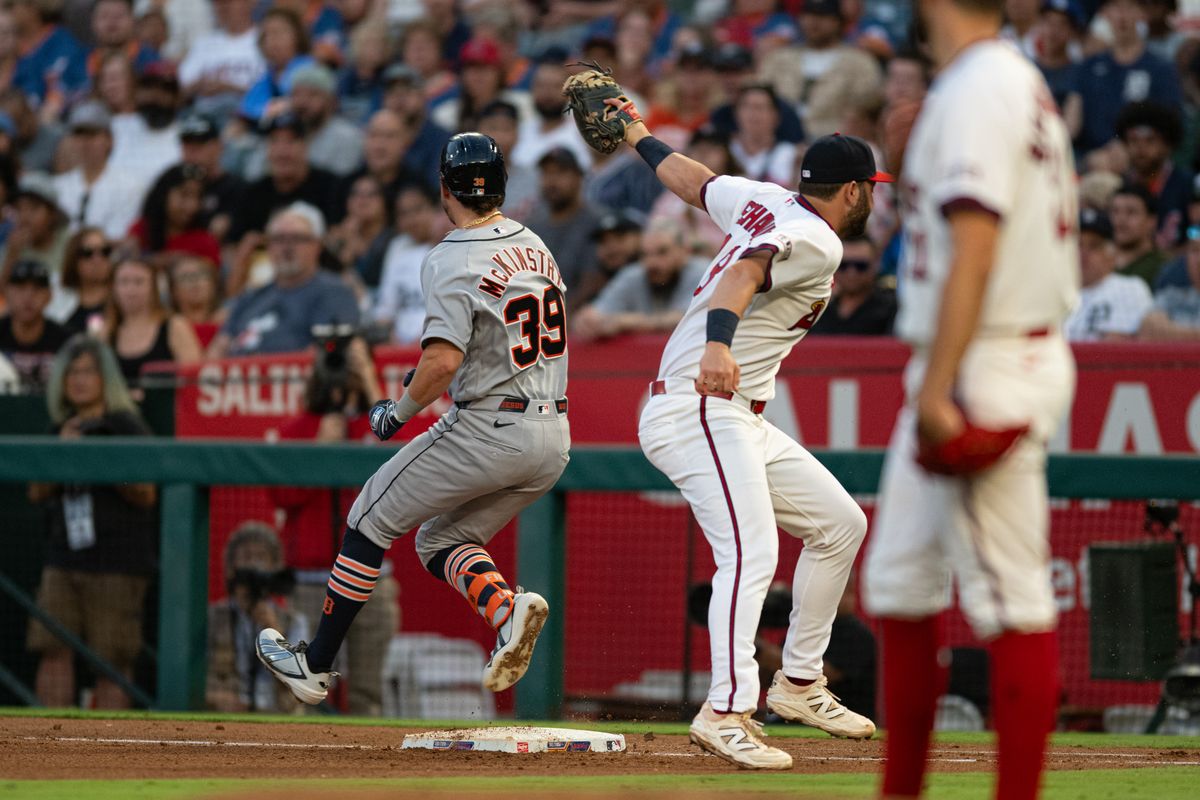 LA Angels first baseman Nolan Schanuel (18) tags a player out during an MLB game between the Detroit Tigers and the Los Angeles Angels on Saturday, July 18, 2026 at Angels Stadium in Anaheim Calif LA Angels first baseman Nolan Schanuel (18) tags a player out during an MLB game between the Detroit Tigers and the Los Angeles Angels on Saturday, July 18, 2026 at Angels Stadium in Anaheim Calif