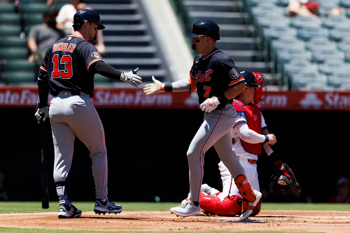 Kevin McGonigle #7 of the Detroit Tigers celebrates his home run with Dillon Dingler #13 of the Detroit Tigers during the game against the Los Angeles Angels at Angel Stadium of Anaheim on July 19, 2026 in Anaheim, California. Kevin McGonigle #7 of the Detroit Tigers celebrates his home run with Dillon Dingler #13 of the Detroit Tigers during the game against the Los Angeles Angels at Angel Stadium of Anaheim on July 19, 2026 in Anaheim, California.